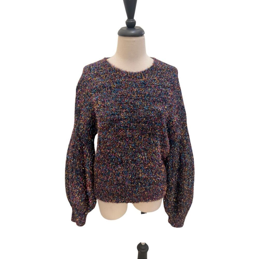 Do + Be Women's Balloon Sleeve Metallic Fuzzy Confetti Sweater Multicolor Small
